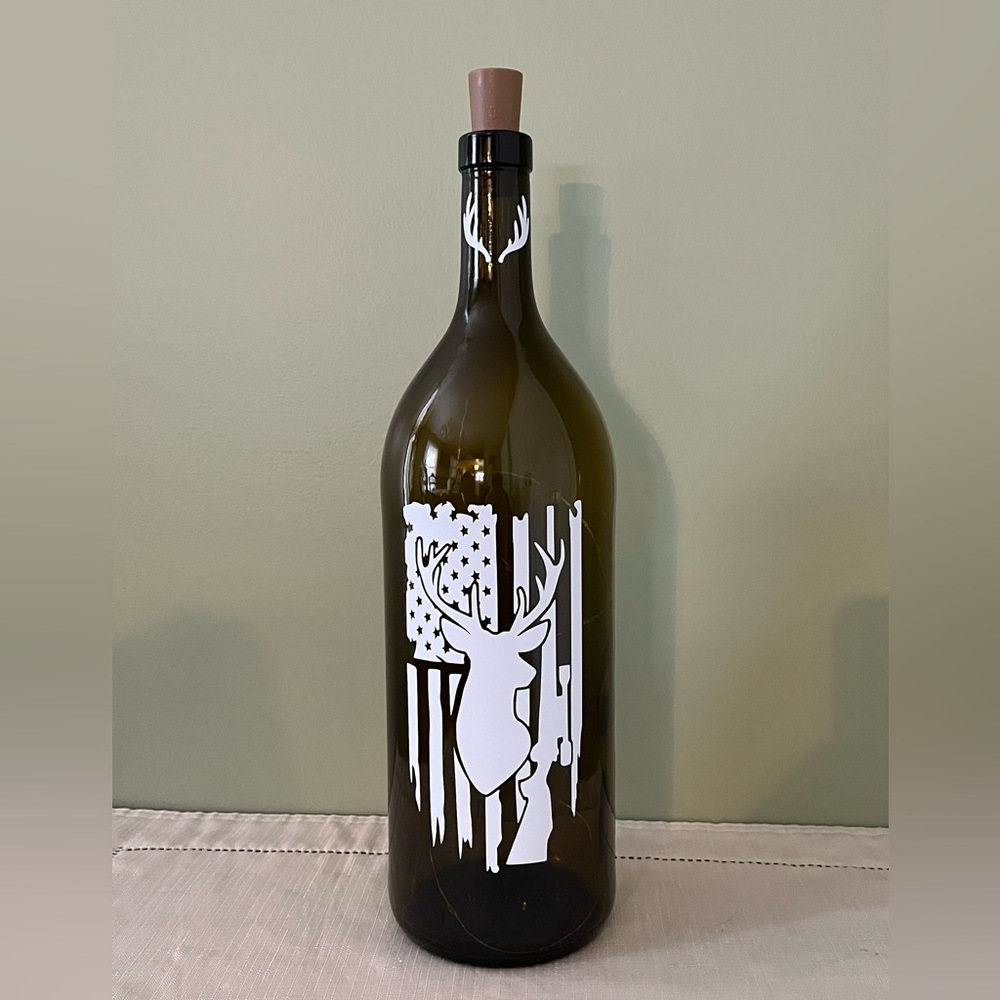 Decorated Wine Bottles, Home Decor, Deer with American Flag